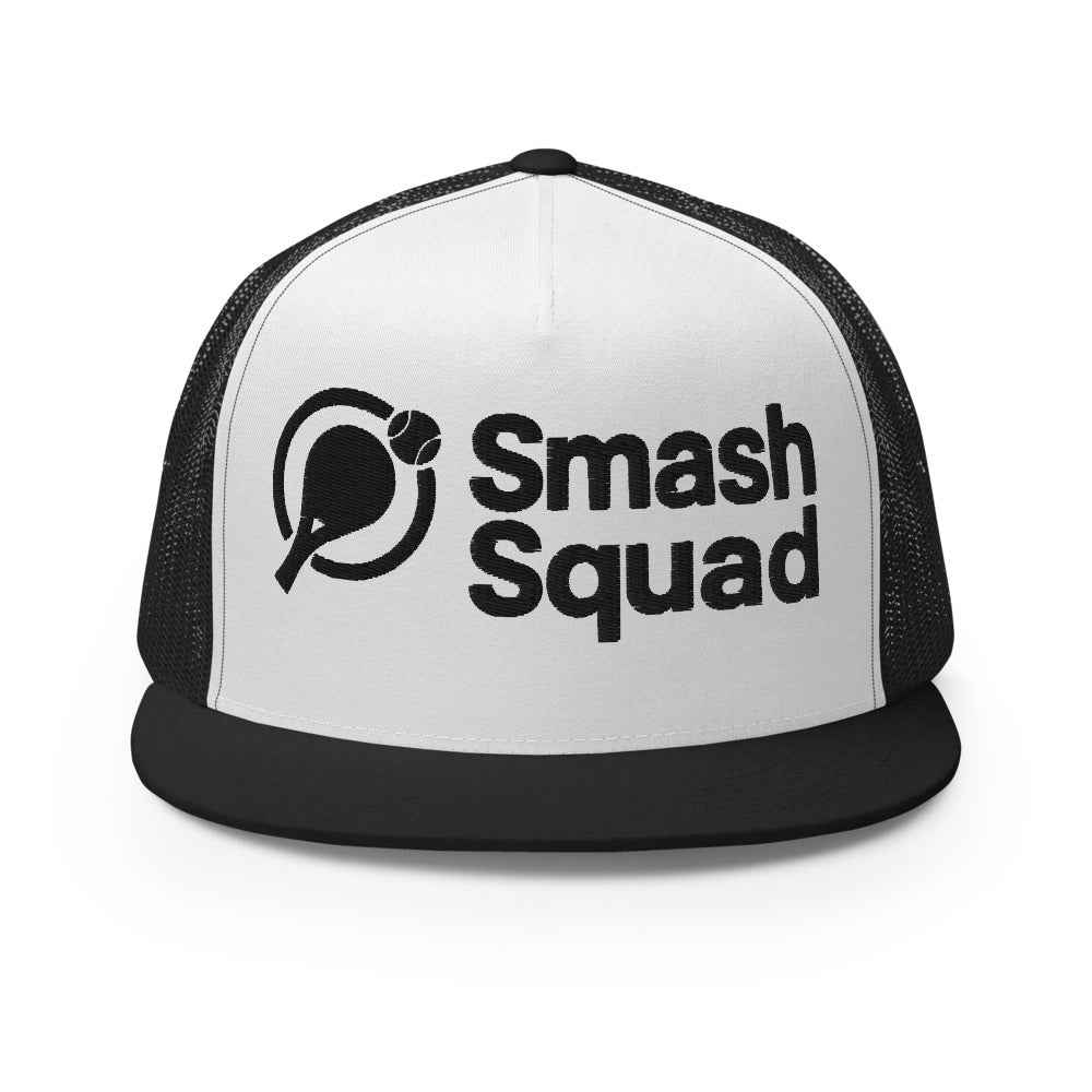 Gorra de pádel trucker snapback negra y blanca "Smash Squad black logo"