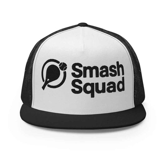 Gorra de pádel trucker snapback negra y blanca "Smash Squad black logo"