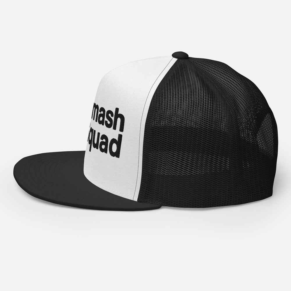 Gorra de pádel trucker snapback negra y blanca "Smash Squad black logo"