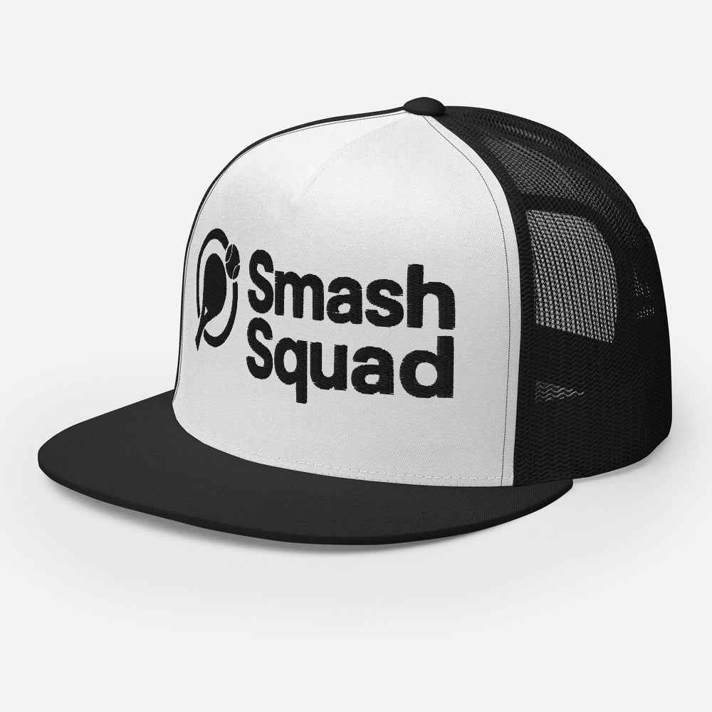 Gorra de pádel trucker snapback negra y blanca "Smash Squad black logo"