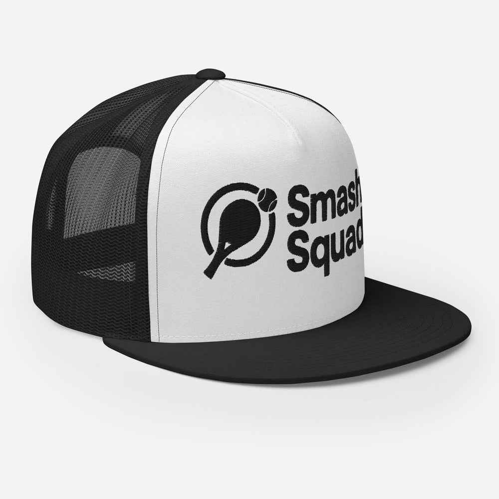 Gorra de pádel trucker snapback negra y blanca "Smash Squad black logo"