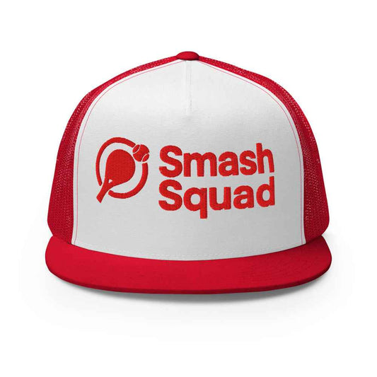 Gorra de pádel trucker snapback roja y blanca "Smash Squad red logo"